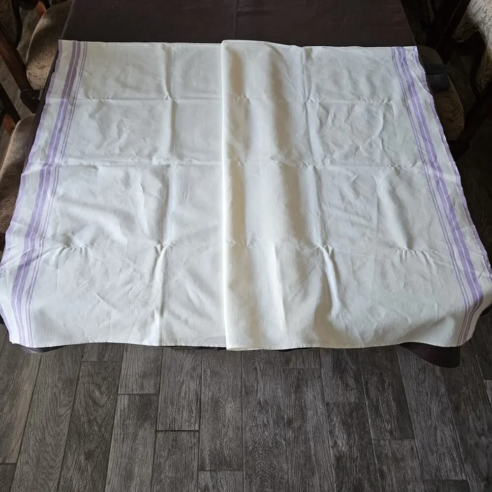 VTG 100% Linen Tablecloth Rectangle Stripes Purple French Country Easter 60x82
